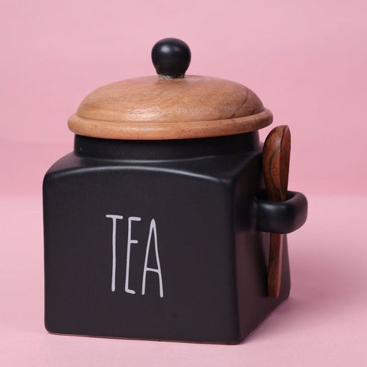 Black Matte Tea Jar with Airtight Wooden Lid & Spoon